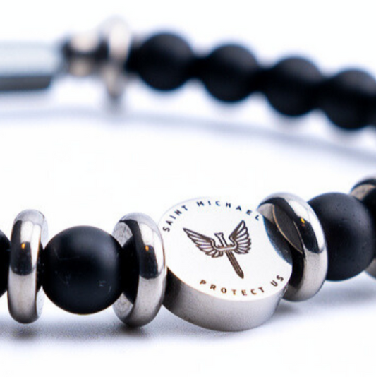 Black Onyx Saint Michael the Archangel Bracelet (6mm) Close