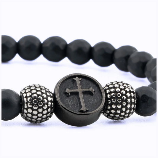 Crucifix black onyx bracelet (6mm) Close Up