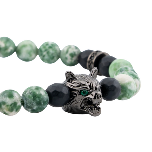 Frosted Green Spot Jade Wolf Head Bracelet (6mm) Close