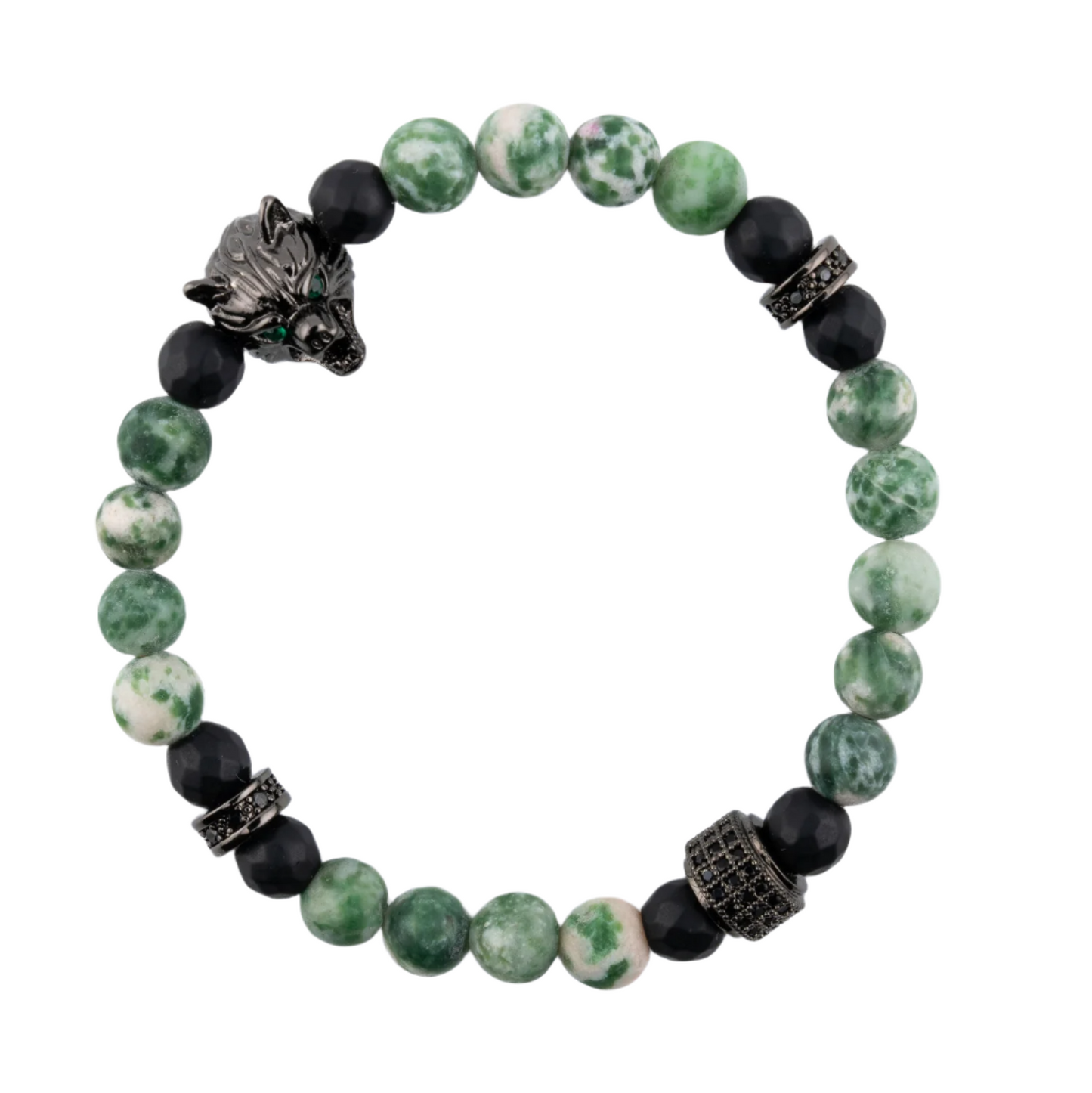 Frosted Green Spot Jade Wolf Head Bracelet (6mm) Top