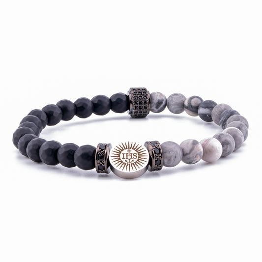 Holy Face of Jesus IHS Charm with Black Onyx & Map Jasper Beads (6mm)"