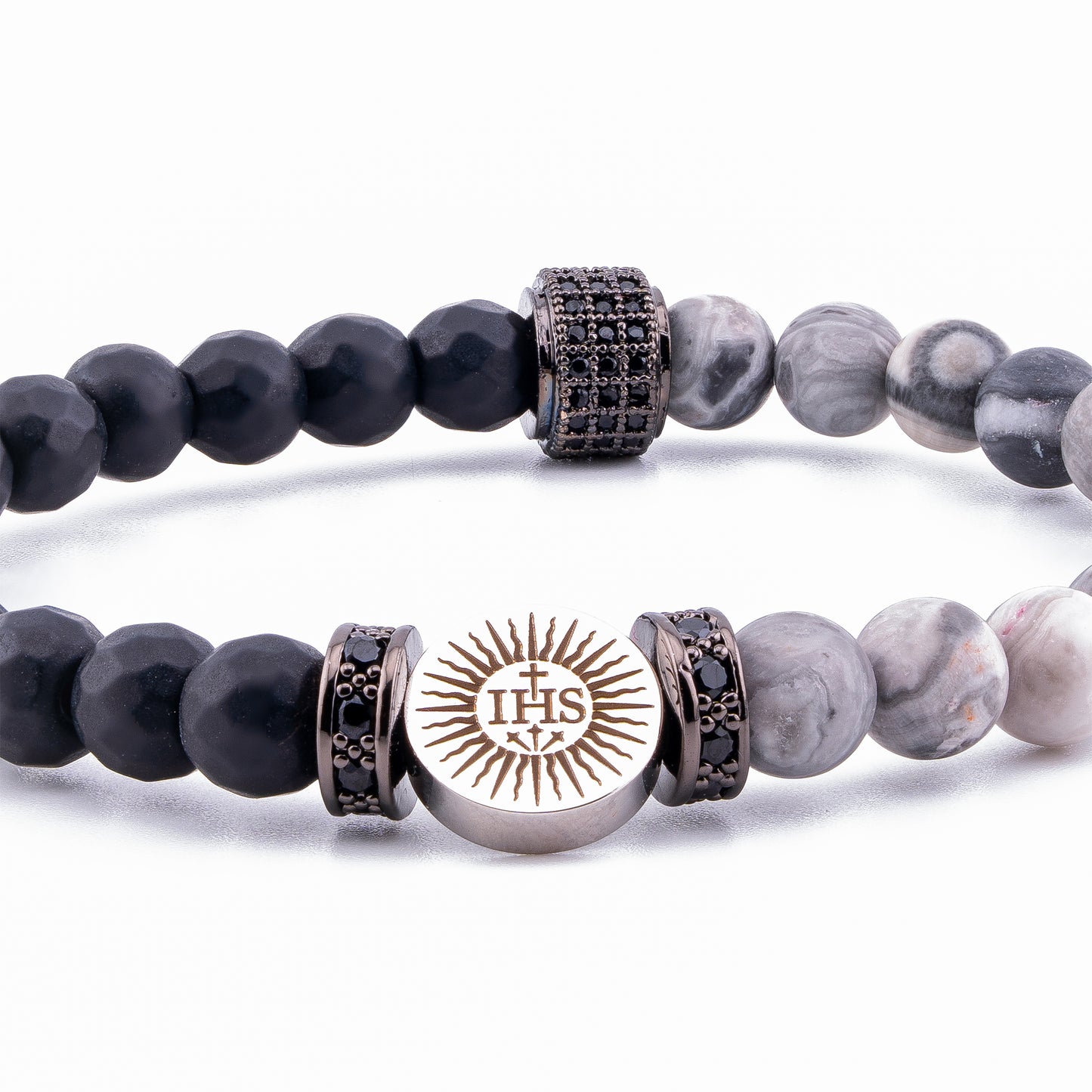 Holy Face of Jesus IHS Charm with Black Onyx & Map Jasper Beads (6mm)"