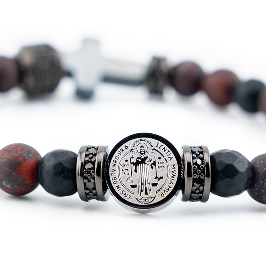 St Benedict Red Flower Jasper Gemstone Bracelet Close