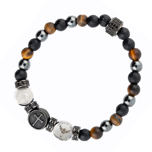 Triple Saint Protection Bracelet featuring Onyx, Tigers Eye, and Hematites, side view