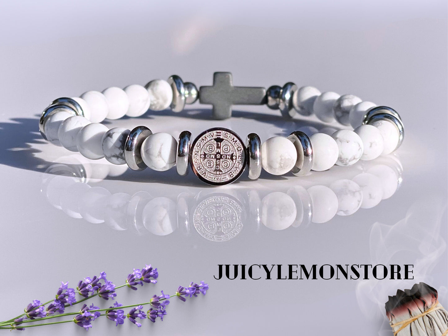 St Benedict Crucifix Stainless Steel Dual Sided Medal Protection Unisex Bracelet, Howlite White Matte. Religious Gifts for Him Her
