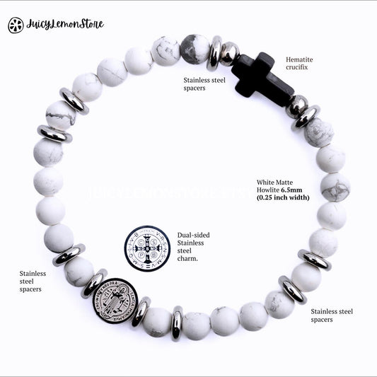 St Benedict Crucifix Stainless Steel Dual Sided Medal Protection Unisex Bracelet, Howlite White Matte. Religious Gifts for Him Her
