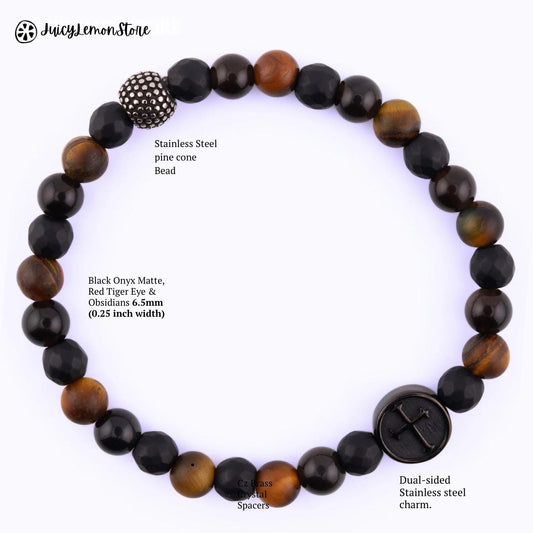 Triple Protection Crucifix bracelet for men and women featuring a black crucifix charm, black matte onyx and tiger eye gemstone beads, and a stainless steel spacer. Handmade in the USA with 6.3mm natural stone beads on a durable stretch cord for everyday wear. Christian religious bracelet symbolizing faith, strength, balance, and devotion. Unisex Catholic jewelry gift for prayer, protection, spiritual style, and meaningful gifting.