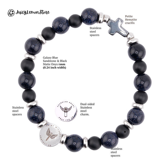 Galaxy Blue Sandstone and Black Matte Onyx St Michael Archangel & Guardian Angel Stainless Steel Charm, Water Proof Protection Bracelet Catholic and Police Gifts For Her, him, unisex