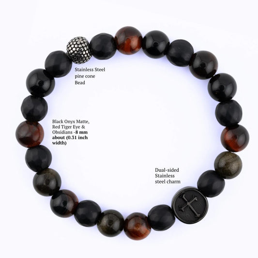 Catholic Crucifix Bracelet for Men, Black Onyx Red Tiger Eye Obsidian, Christian Faith Protection Jewelry 8.3mm