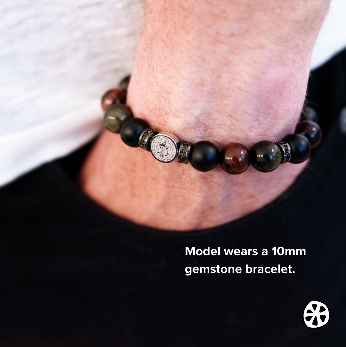 Triple Protection Hematite Cross bracelet for men and women featuring a black hematite crucifix, black matte onyx, red tiger eye, and gold sheen obsidian 10mm gemstone beads with stainless steel spacers. Handmade in the USA with tarnish-free materials and durable stretch cord. Christian religious bracelet symbolizing faith, strength, balance, and devotion. Unisex Catholic jewelry gift ideal for prayer, daily wear, confirmations, Father’s Day, and meaningful spiritual gifting.