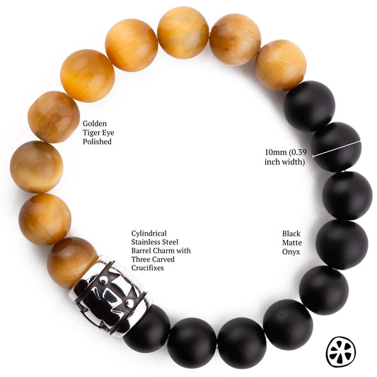 Cross Triumph of Light over Darkness Golden Tiger Eye and Black Matte Onyx Bracelet , Custom Saint Choice, Faith & Blessing Gift with
