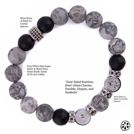Three Saints Protection Bracelet
This powerful bracelet blends spiritual protection and grounding energy. St. Michael’s sword, Guardian Angel, St. Benedict’s medal, and the Crucifix provide divine protection, strength, and guidance. Map Jasper promotes stability and emotional balance, while Black Onyx absorbs negativity and enhances resilience. Stainless steel and brass add durability and strength, reinforcing its protective energy.