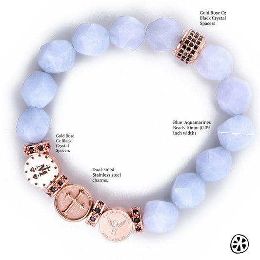 Triple Saint Protection Bracelet St. Michael, Miracle Medal, and Cross. Choose your saint. Aquamarine blue bracelet, Catholic gift for her