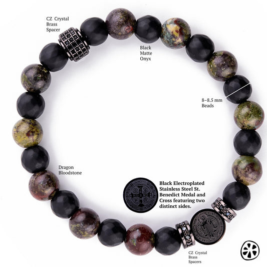 Catholic Saint Benedict bracelet crafted with a black PVD plated stainless steel medal and genuine gemstone beads. Features Dragon Bloodstone stones with deep red and green hues, polished Black Onyx beads for grounding, and shimmering CZ brass spacers. Stretch fit for comfort. A unisex Catholic jewelry bracelet designed for men or women seeking faith, protection, and style. Perfect gift for dad, husband, or spiritual friend who values meaningful jewelry.