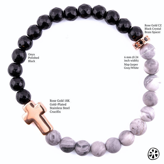 Rose Gold Cross Bracelet with Map Jasper & Black Onyx | Catholic Christian Gift for Men Women | Confirmation Faith Jewelry