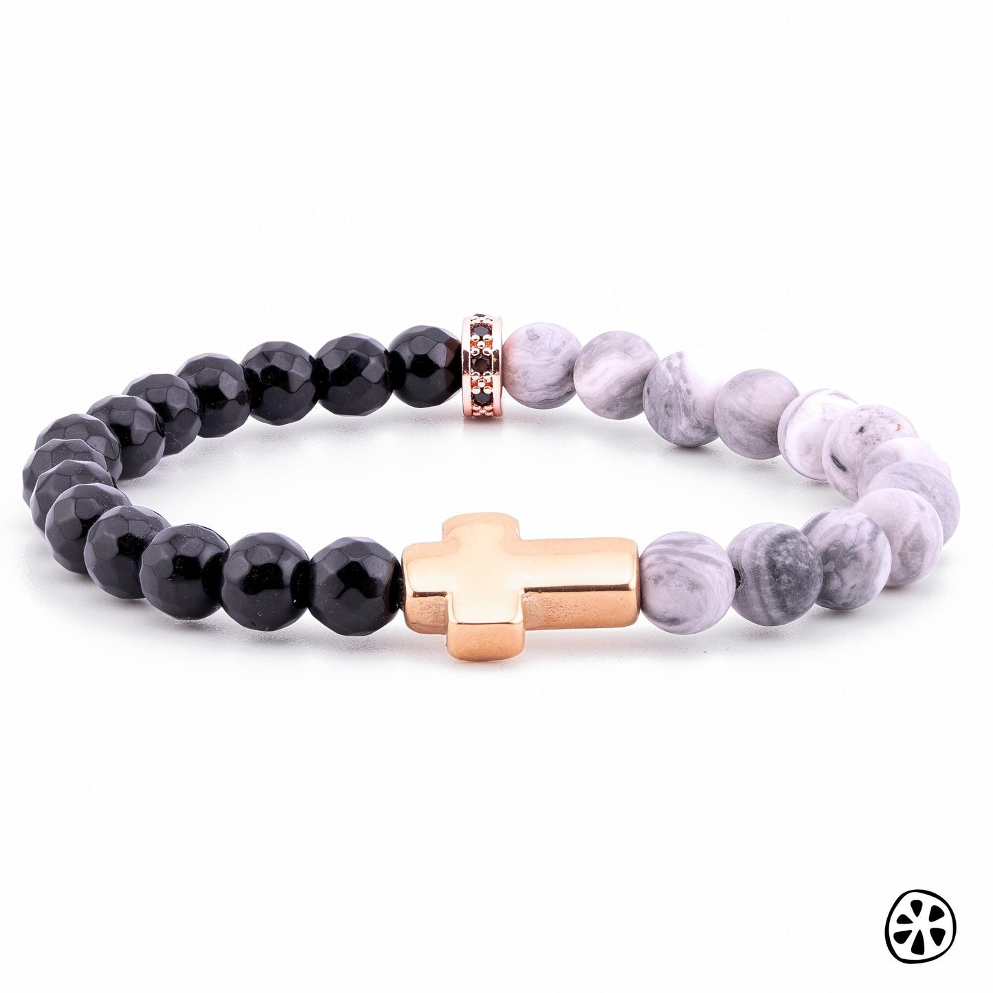 Rose Gold Cross Bracelet with Map Jasper & Black Onyx | Catholic Christian Gift for Men Women | Confirmation Faith Jewelry