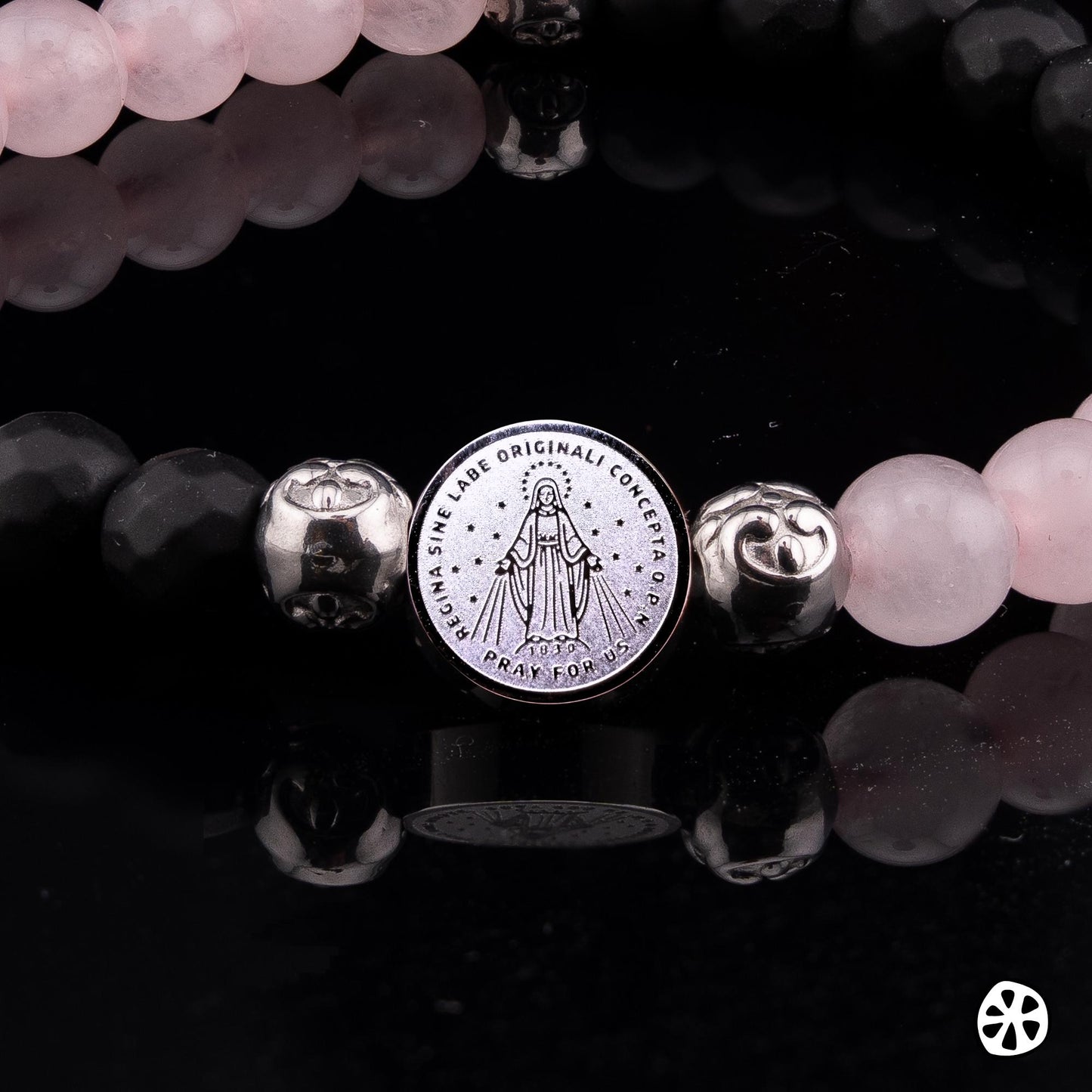 Our Lady of Graces Medal Bracelet: Onyx & Rose Quartz, Catholic Gift