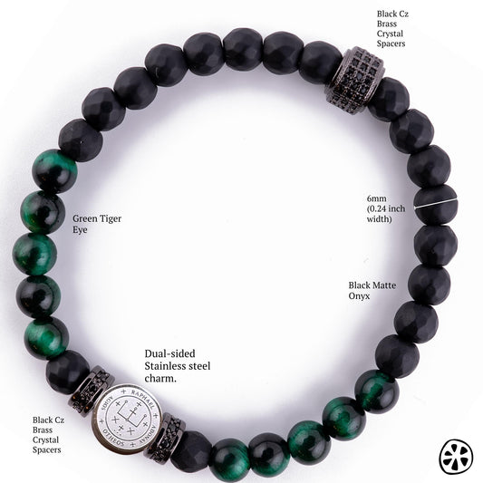 Handmade protection bracelet with polished black onyx and green tiger eye beads, featuring a double-sided Saint Raphael and Sigil medal charm symbolizing healing and divine protection. Designed in the Catholic rosary style with tarnish-free charms, a durable stretch band for daily wear, and unisex sizing for men and women. A meaningful spiritual healing and protection bracelet, handmade in the USA, ideal as a religious gift or Catholic jewelry.