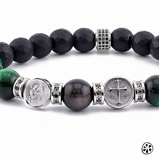 Archangel Raphael Sigil and Cross Bracelet, – Green Tiger Eye & Matte Black Onyx Healing Protection Religious Gift for Him or Her, Unisex