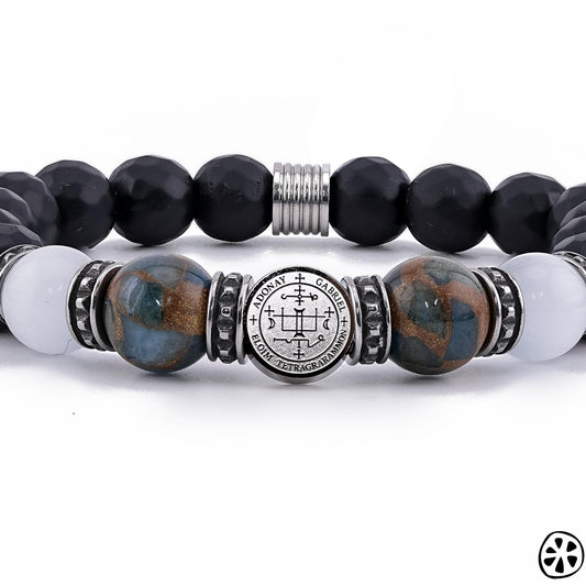Saint Gabriel Sigil Protection Bracelet · Black Onyx, Selenite & Cloisonné · Stainless Steel Charm · Catholic Protection Gift for Him/Her