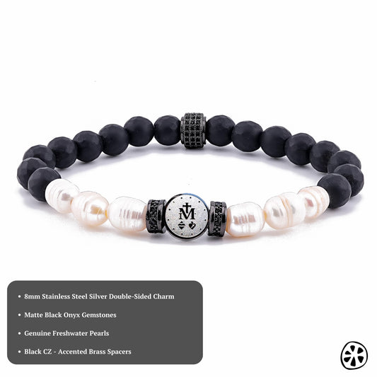 Product photo of a handmade Miraculous Medal bracelet featuring an 8mm double-sided stainless steel silver charm with the Marian symbol, paired with matte black onyx gemstones and genuine freshwater pearls. The bracelet includes black CZ-accented brass spacers and is displayed on a clean white background with a small info box listing materials. Catholic men’s religious bracelet and faith-inspired accessory.