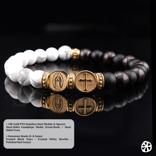 Our Lady of Guadalupe bracelet with cross charm, featuring 8–8.5mm frosted white howlite, black onyx, and polished red garnet beads. Accented with 18K gold PVD stainless steel dual-sided Guadalupe medal and cross with matching spacers. Handmade Catholic jewelry for men and unisex wear, designed for durability and elegant style. Faith-inspired bracelet ideal for prayer, daily wear, or gifting for confirmation, baptism, Christmas, or religious occasions.