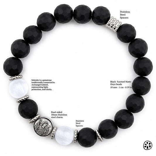 Black faceted matte onyx bracelet featuring stainless steel spacers, smooth white selenite beads, and a dual-sided 10 mm stainless steel charm engraved with Archangel Gabriel and his sigil. The bracelet is displayed in a circular layout on a white background, showing the bead textures, the contrast of black and white stones, and the detailed engraving on the charm for clear visual reference.