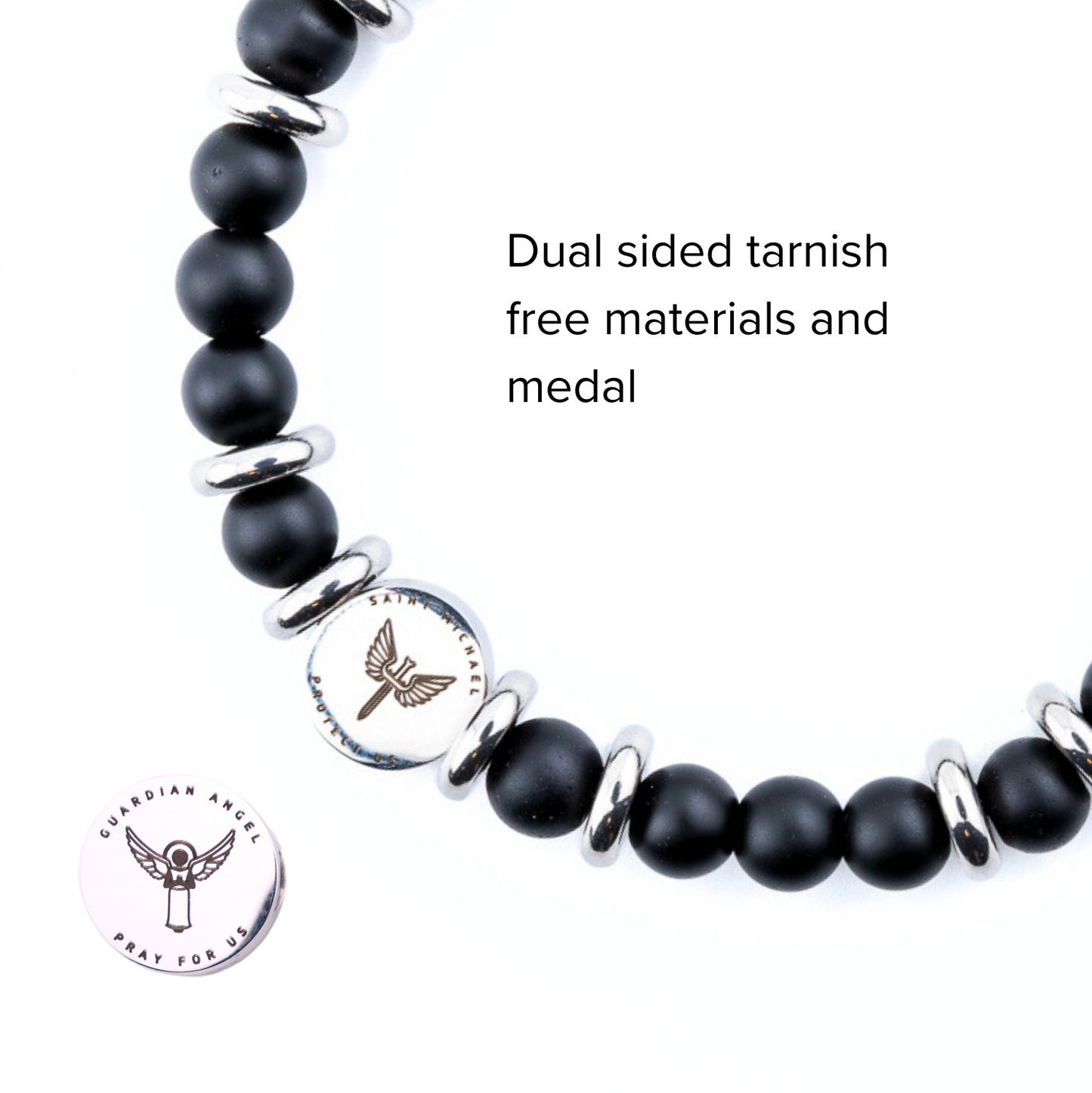 Black Onyx Saint Michael the Archangel Bracelet (6mm) Close Up