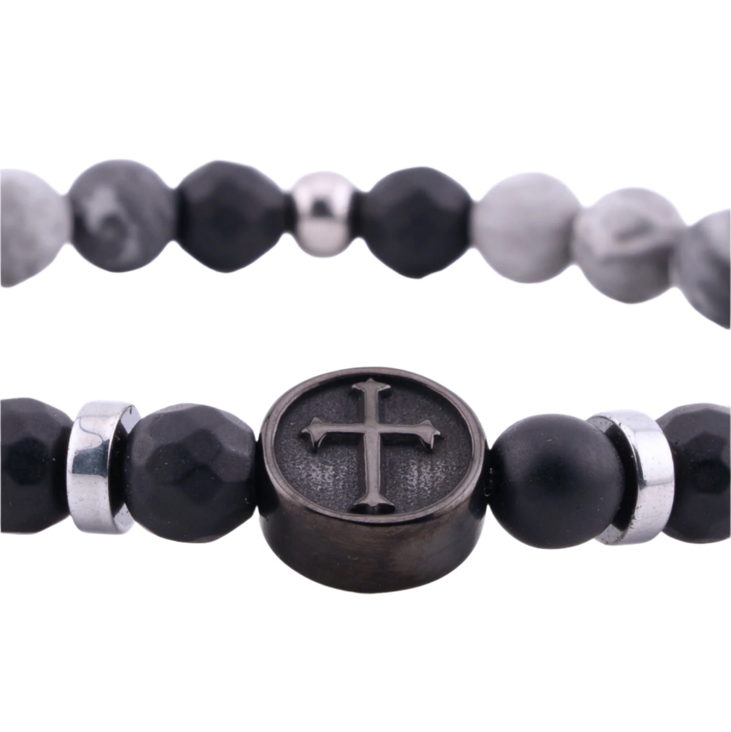 Frosted Gray Jasper Cross Crucifix Bracelet  Close Up