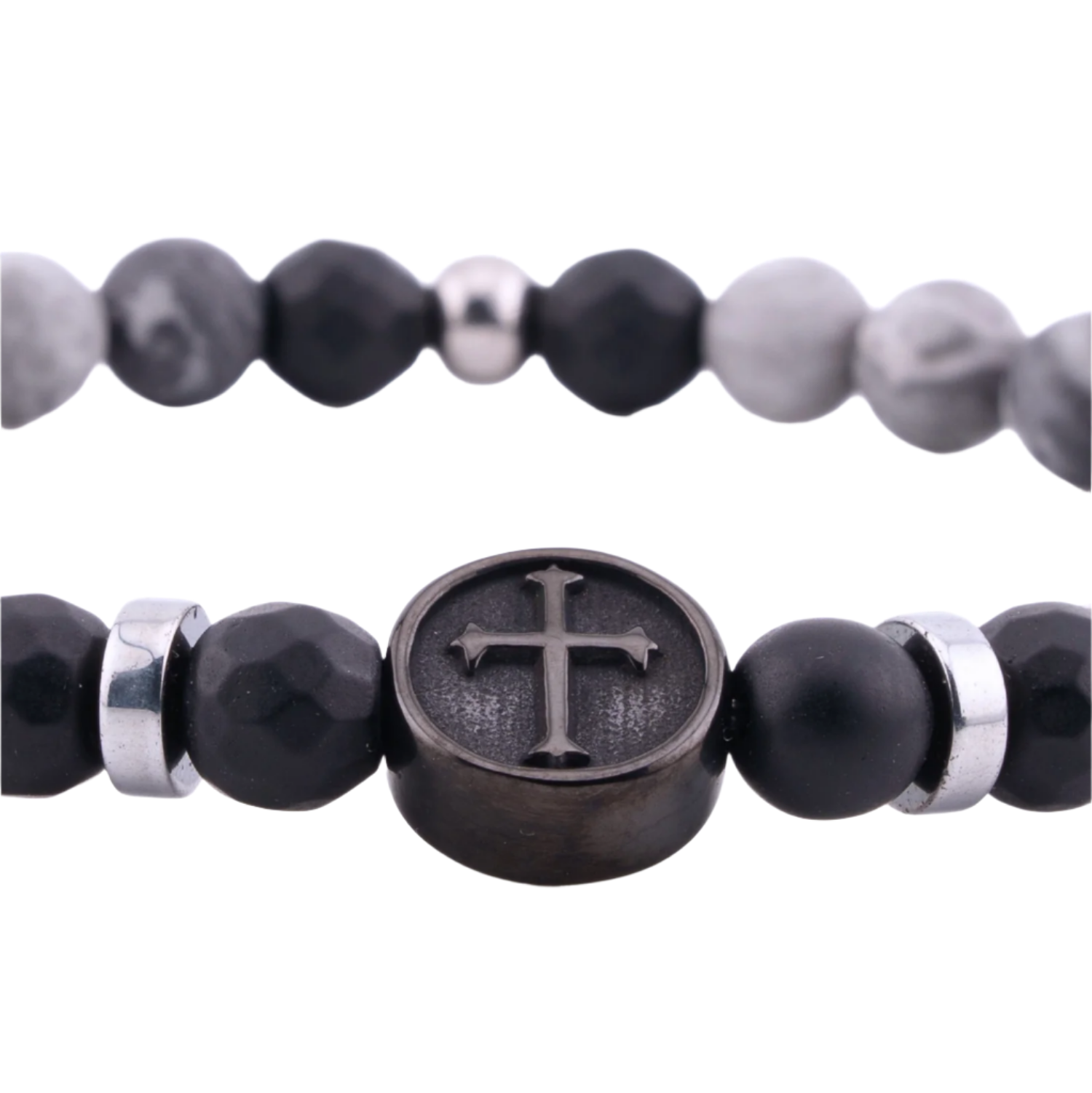 Frosted Gray Jasper Cross Crucifix Bracelet  Close Up