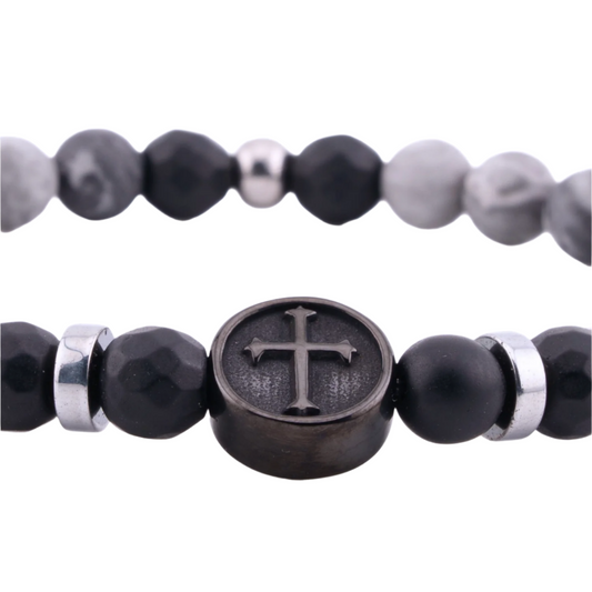Frosted Gray Jasper Cross Crucifix Bracelet  Close Up
