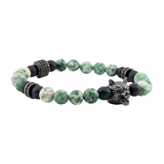 Frosted  Green Spot Jade Wolf Head Bracelet (6mm) Side