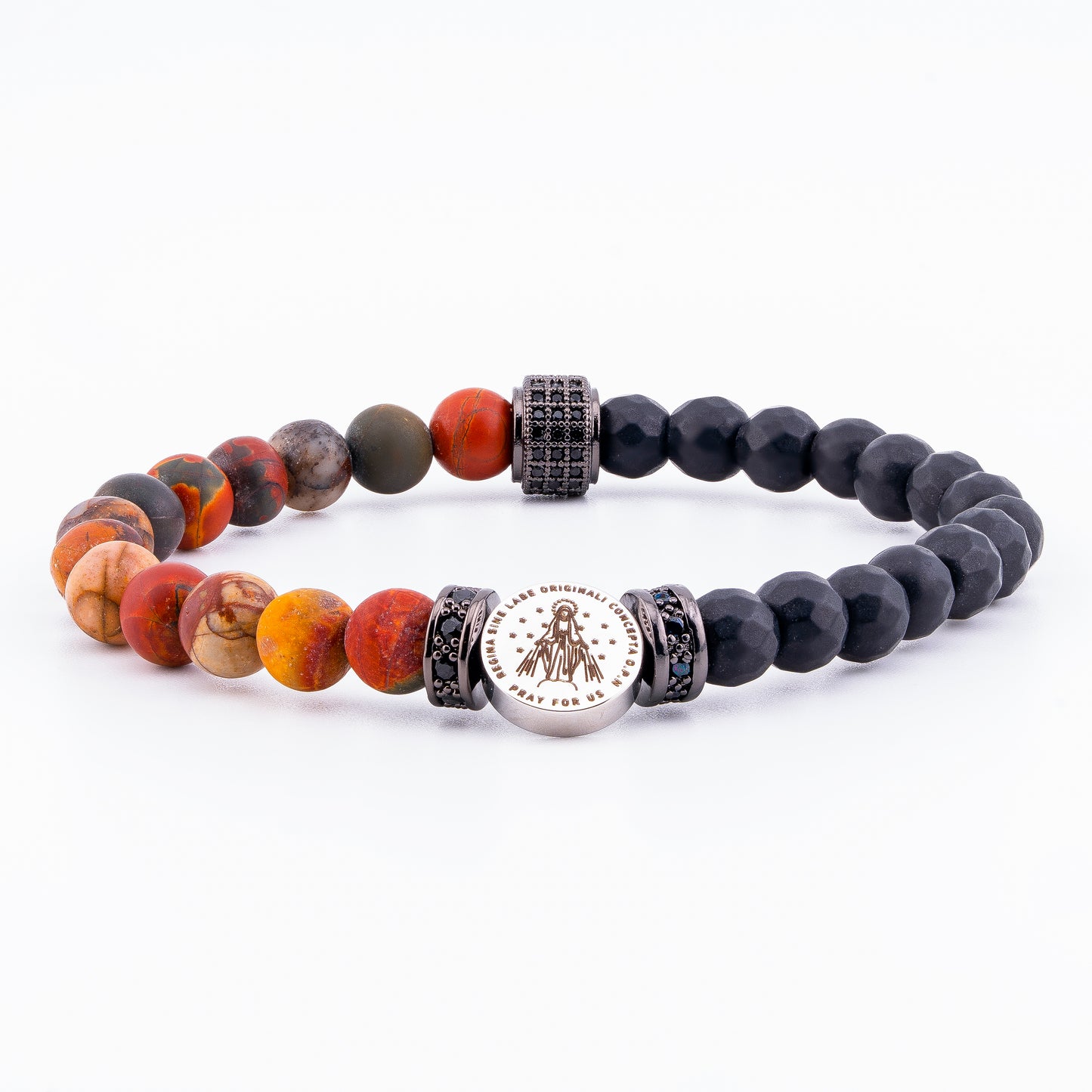 Immaculate Medal of Our Lady of Graces Bracelet – Multicolor Picasso Jasper & Matte Onyx (6mm)