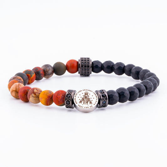 Immaculate Medal of Our Lady of Graces Bracelet – Multicolor Picasso Jasper & Matte Onyx (6mm)