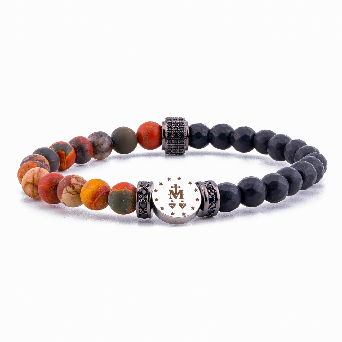 Immaculate Medal of Our Lady of Graces Bracelet – Multicolor Picasso Jasper & Matte Onyx (6mm)