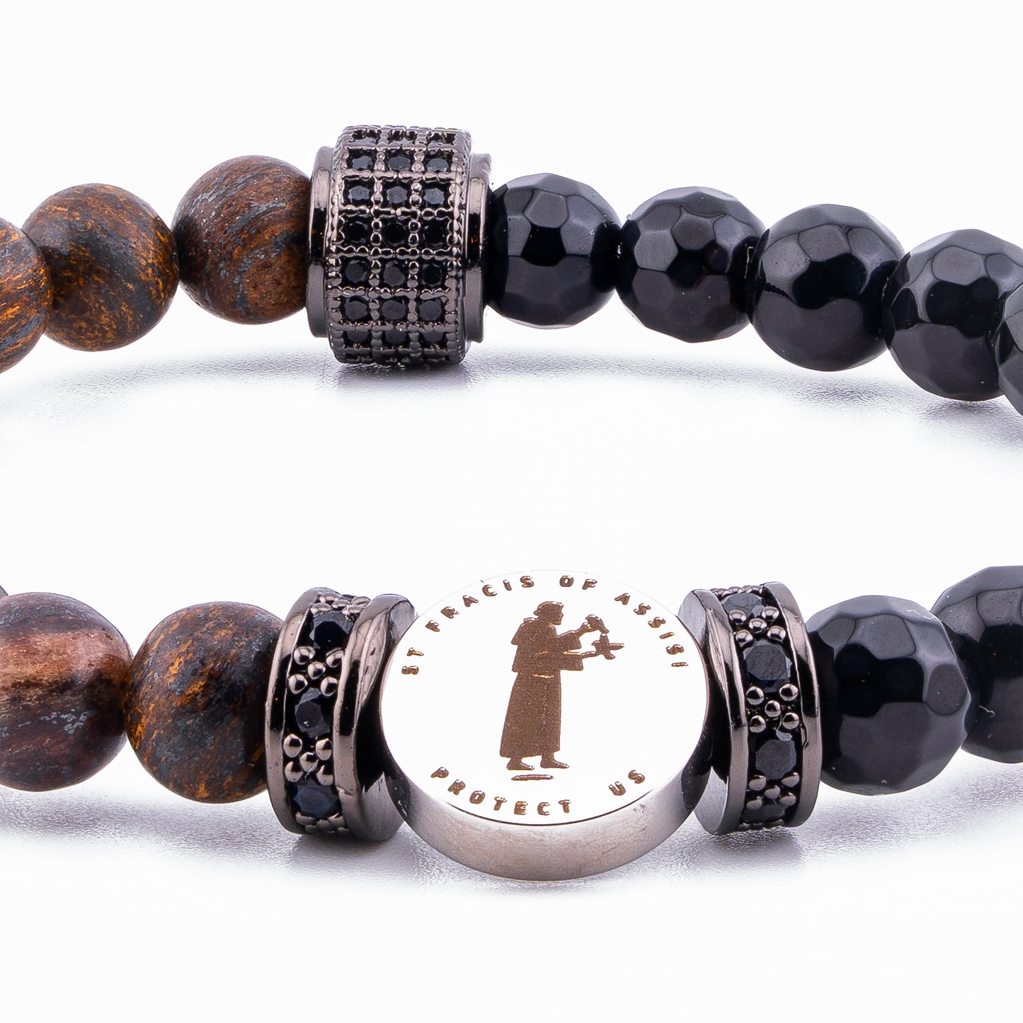 St Francis Of Assisi Protection Bracelet Bronzite and Agate (6mm)