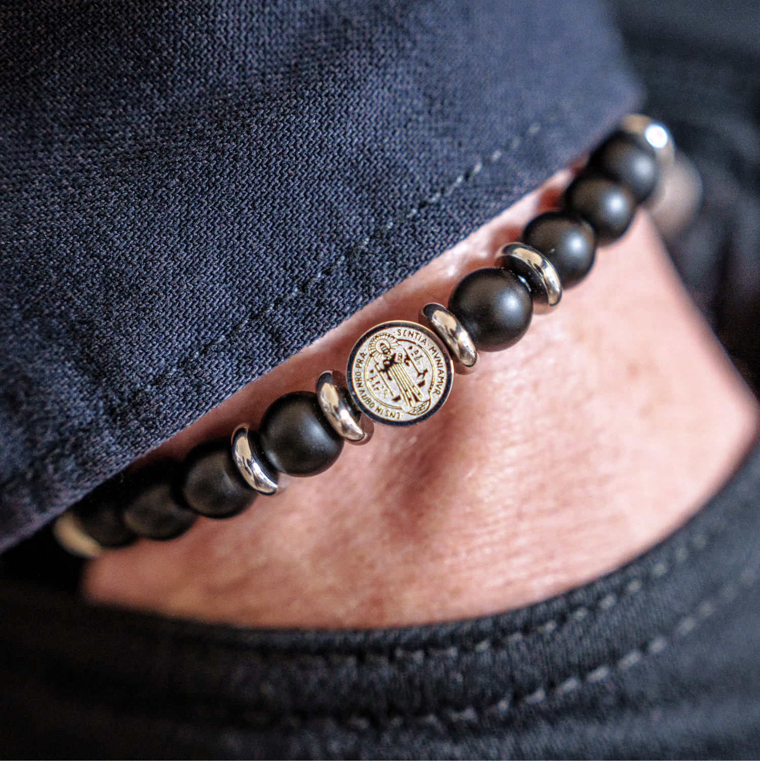 St. Benedict Crucifix Stainless Steel Protection Rosary Bracelet Male Model Stylish