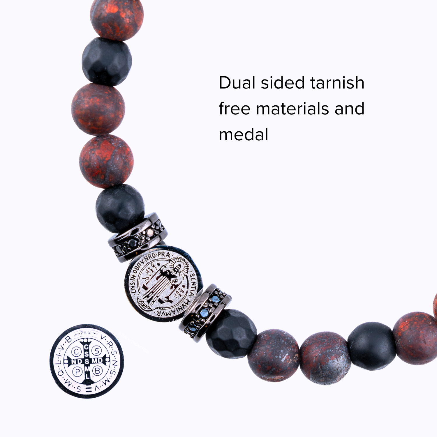 St Benedict Red Flower Jasper Gemstone Bracelet Medal