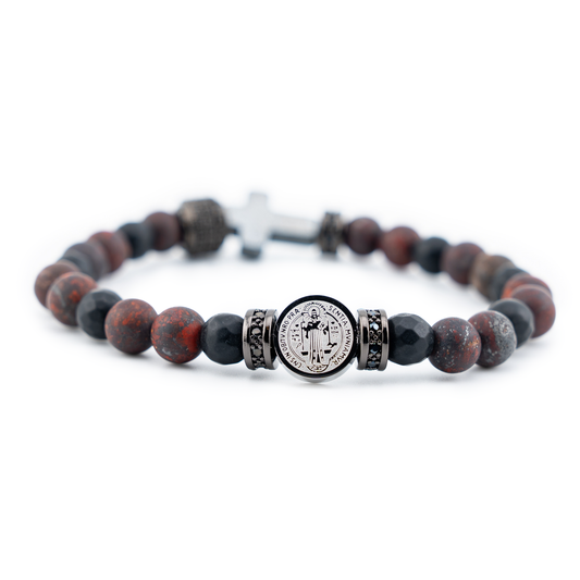 St Benedict Red Flower Jasper Gemstone Bracelet Side
