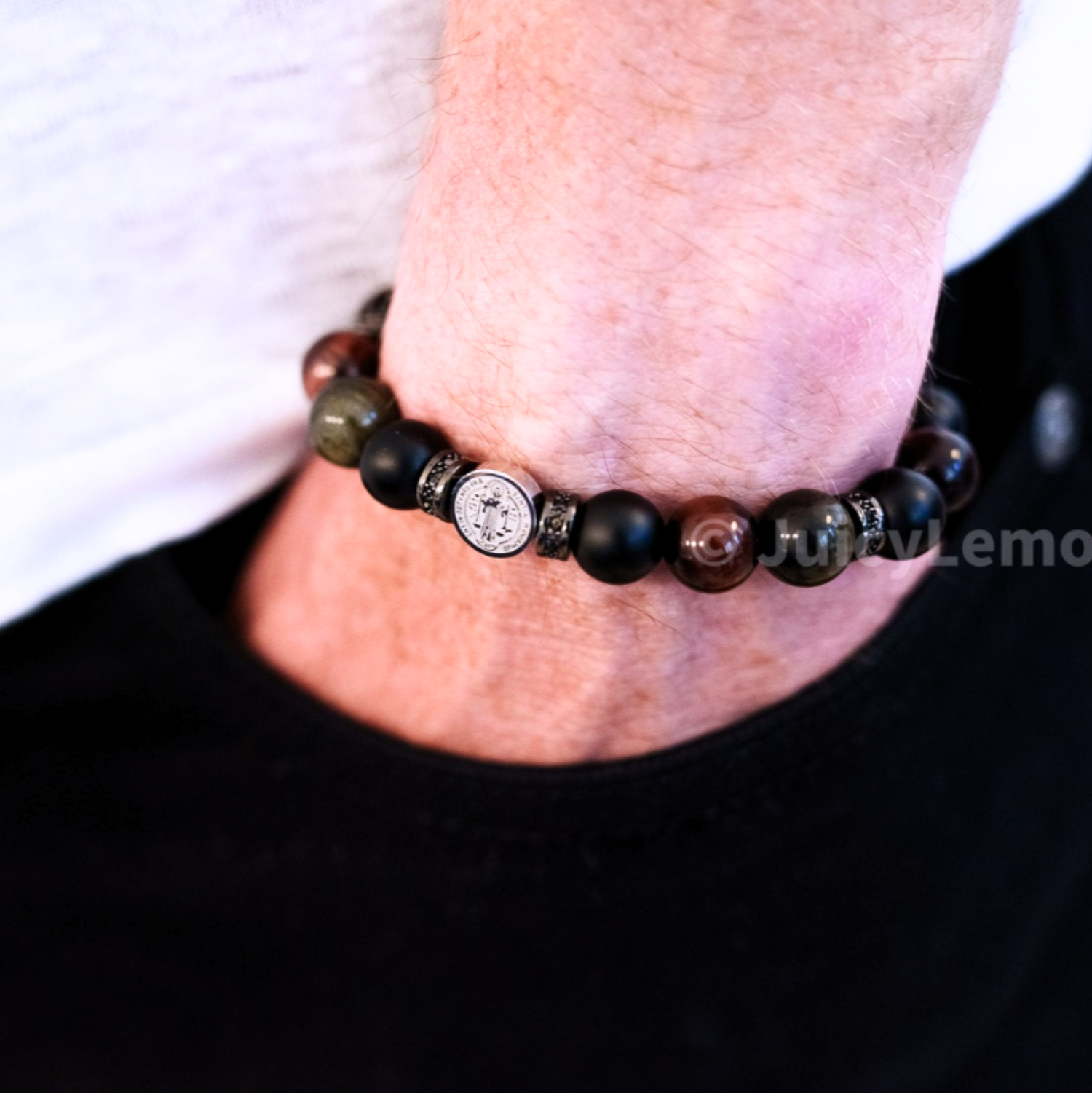 St Benedict Triple Protection Bracelet 10mm Male Wearing Stylish