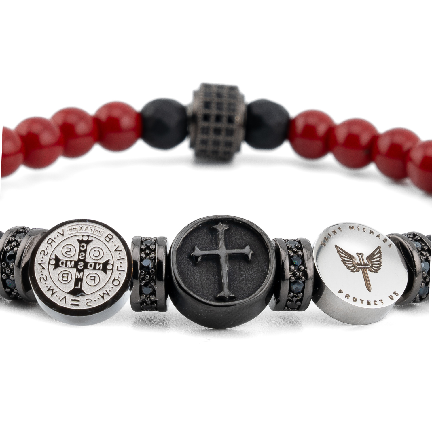 Three Saints Triple Protection Bracelet Featuring Red Jade and Black Onyx, close view