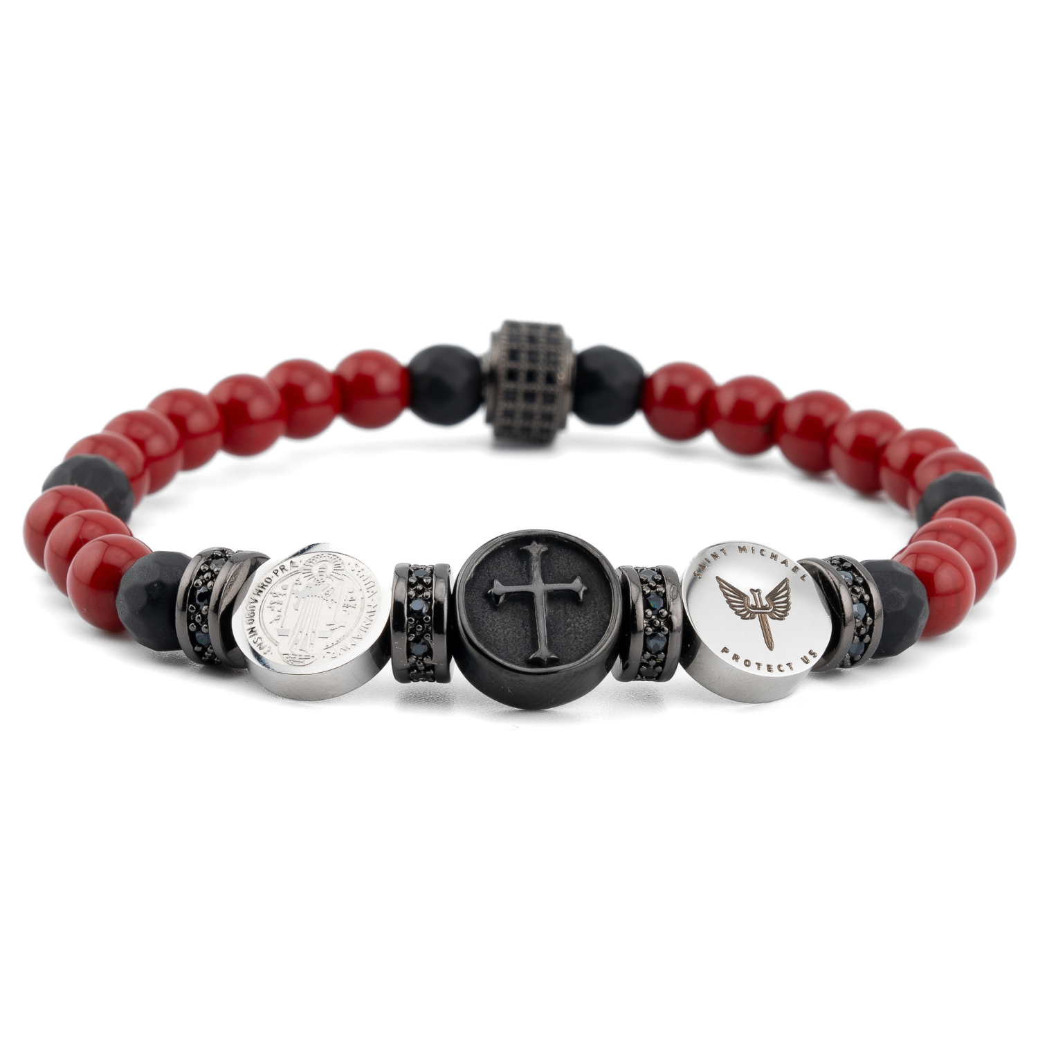Three Saints Triple Protection Bracelet Featuring Red Jade and Black Onyx, side view