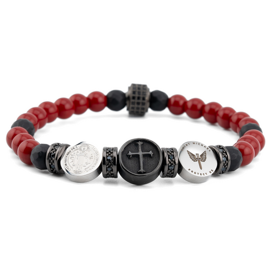 Three Saints Triple Protection Bracelet Featuring Red Jade and Black Onyx, side view