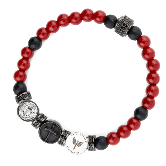 Three Saints Triple Protection Bracelet Featuring Red Jade and Black Onyx, top view