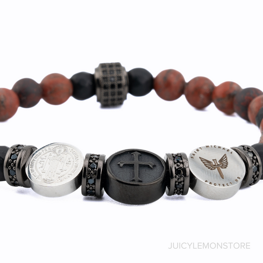Three Saints Triple Protection Bracelet Featuring Red Jasper and Black Onyx, close view