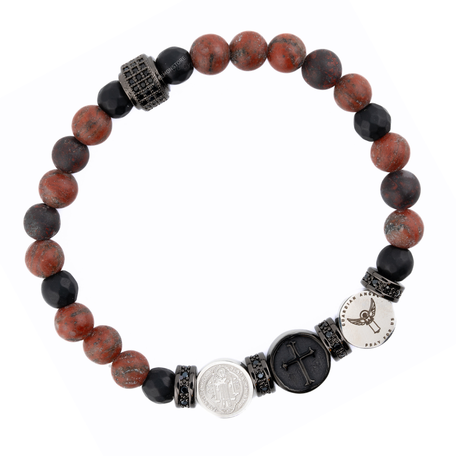 Three Saints Triple Protection Bracelet Featuring Red Jasper and Black Onyx, top view