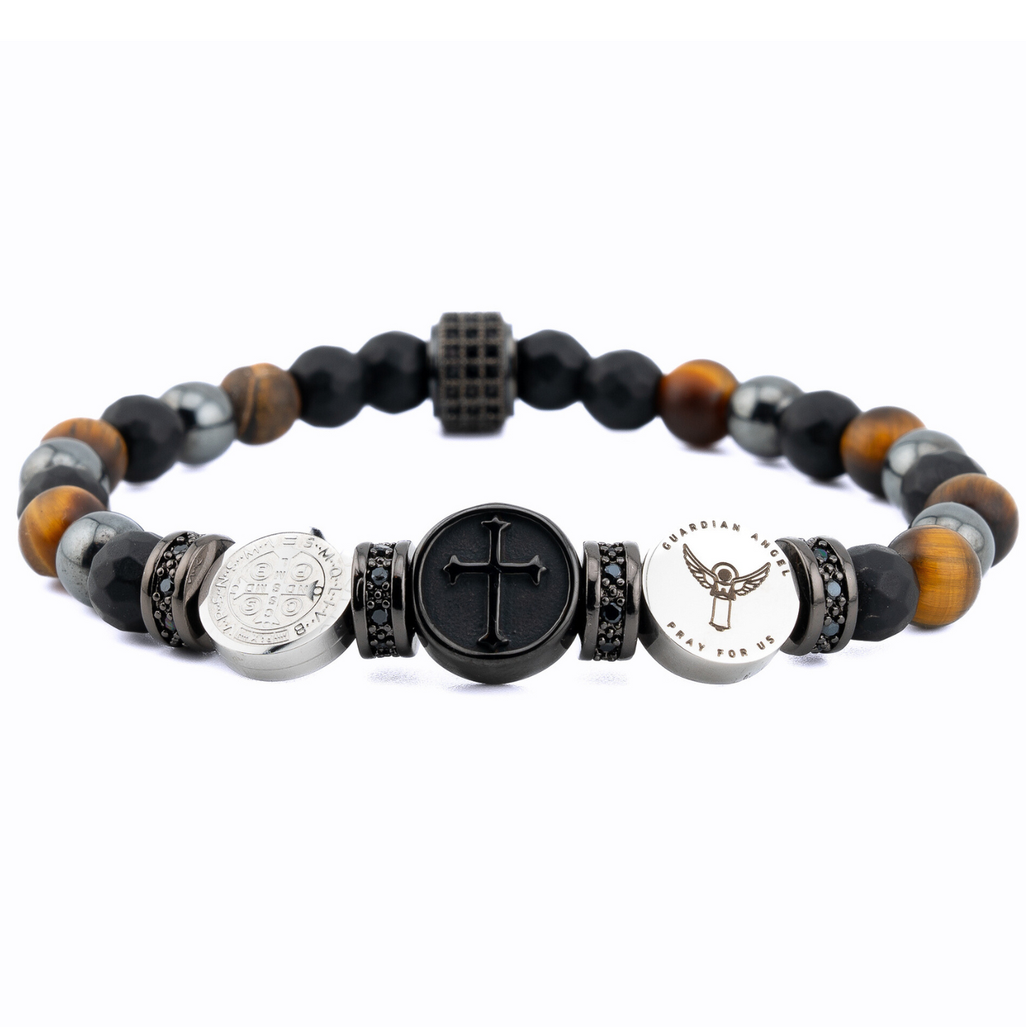 Triple Saint Protection Bracelet featuring Onyx, Tiger Eye, and Hematites, side view