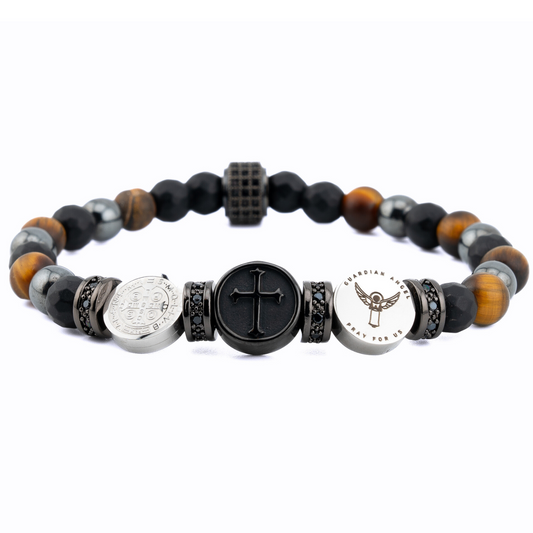 Triple Saint Protection Bracelet featuring Onyx, Tiger Eye, and Hematites, side view