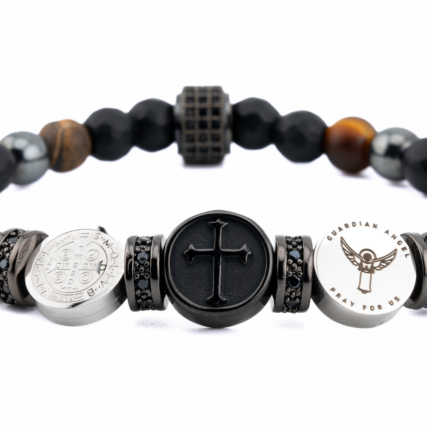 Triple Saint Protection Bracelet featuring Onyx, Tigers Eye, and Hematites, side view, close view