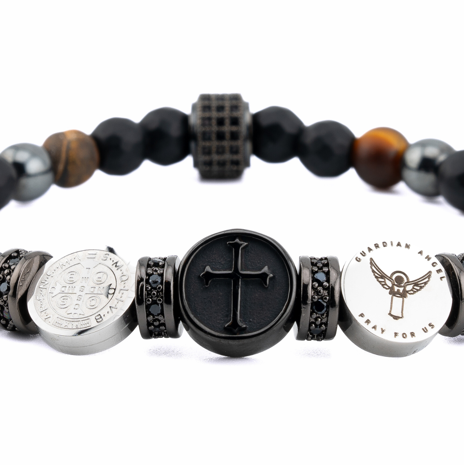 Triple Saint Protection Bracelet featuring Onyx, Tigers Eye, and Hematites, side view, close view